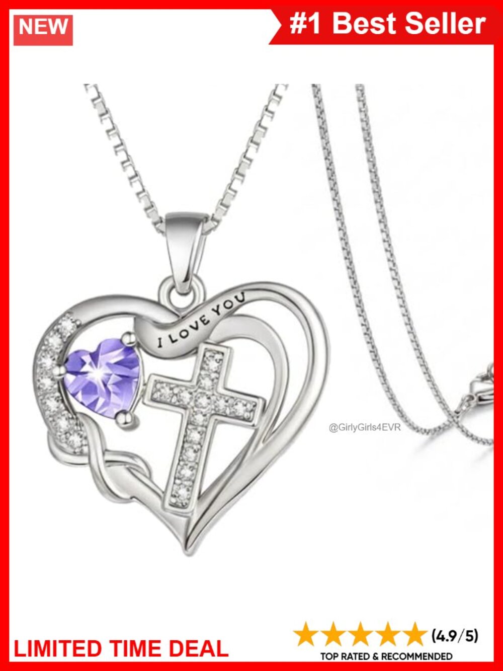 14K Gold Heart Cross Birthstone Necklace 18" Lobster Claw